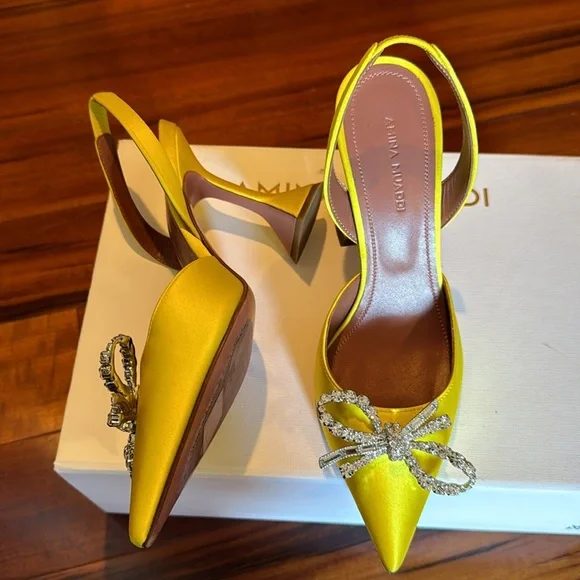Amina Muaddi Yellow Satin Rosie Slingback Heels 95mm - Picture 4 of 11